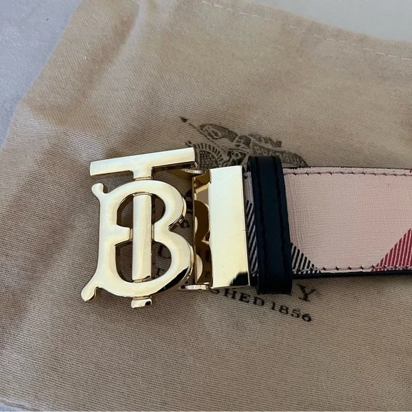 Burberry Monogram Check TB Logo Gold Buckle Plaid Belt Beige Gold Luxe Holiday - Picture 15 of 17